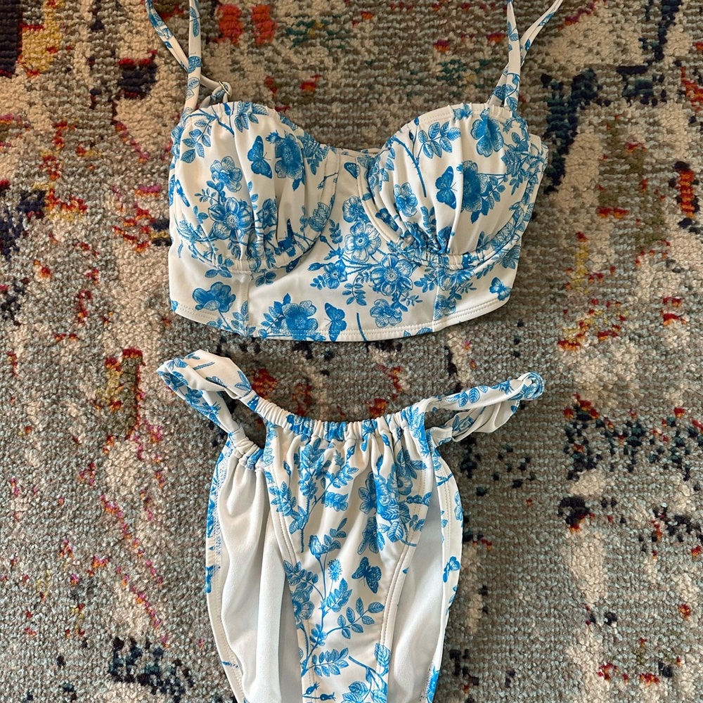 Wild Fable Corset Bikini Longline Floral Print Tie Back Bikini Top & Bottom